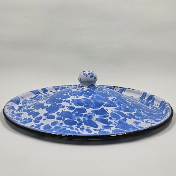 Blue & White Swirl Enamelware Agateware Graniteware Lid with Round Knob - Picture 7 of 13